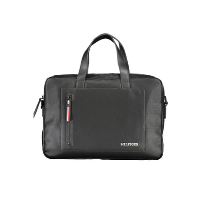 Tommy Hilfiger Black Polyester Accessory, briefcase with two handles, adjustable strap, external pocket, laptop compartment, logo on front.