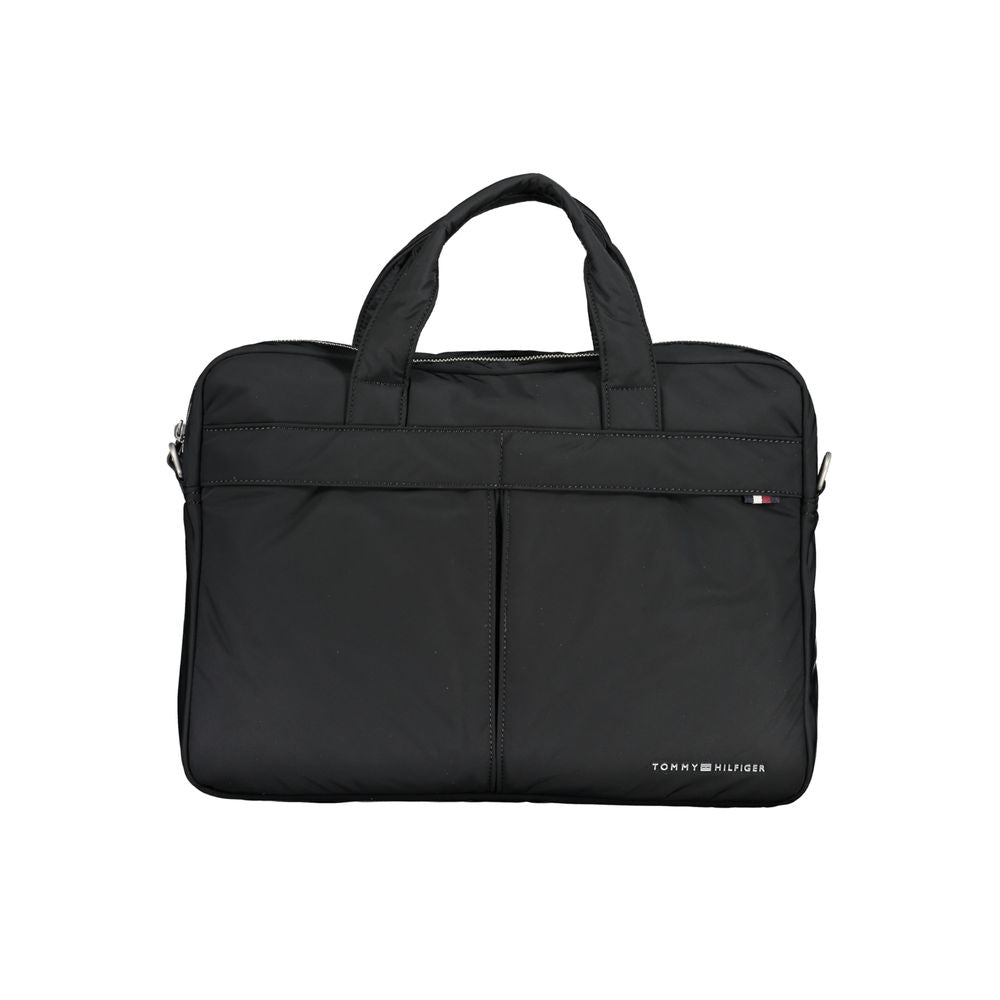 Tommy Hilfiger Black Polyester Accessory briefcase with handles and adjustable strap, featuring external pockets and laptop compartment.