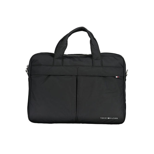 Tommy Hilfiger Black Polyester Accessory briefcase with handles and adjustable strap, featuring external pockets and laptop compartment.