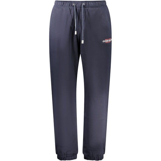 Guess Jeans Blue Cotton Pant with elastic waist and ankles, fleece material, 3 pockets, logo print, and sports trousers style.