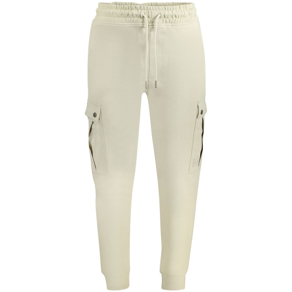 Hugo Boss Beige Cotton Pant, sports trousers with elastic waist, laces, 3 pockets, 2 side pockets, ankle cuff, logo visible.