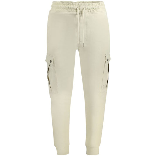 Hugo Boss Beige Cotton Pant, sports trousers with elastic waist, laces, 3 pockets, 2 side pockets, ankle cuff, logo visible.