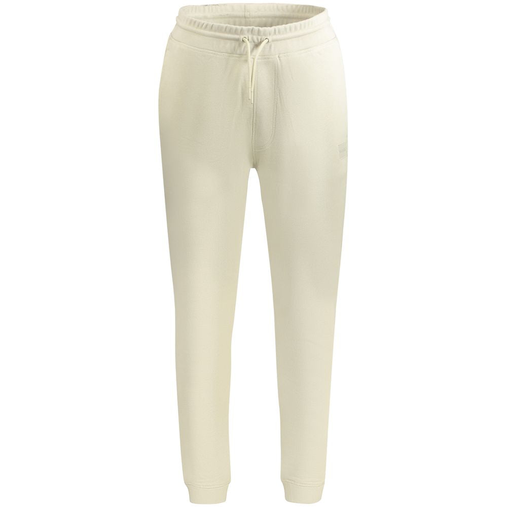 Hugo Boss Beige Cotton Pant with elastic waist, laces, pockets, and ankle cuffs. High-quality sports trousers ideal for comfort.