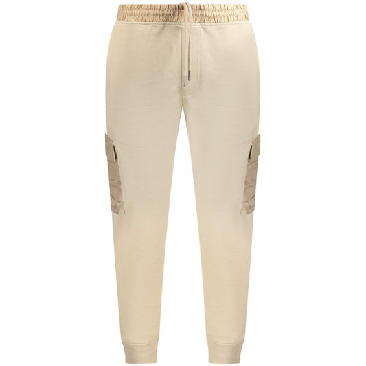 Hugo Boss Beige Cotton Pant with elastic waist, laces, ankle cuff, side pockets, brushed finish, and embroidered logo.