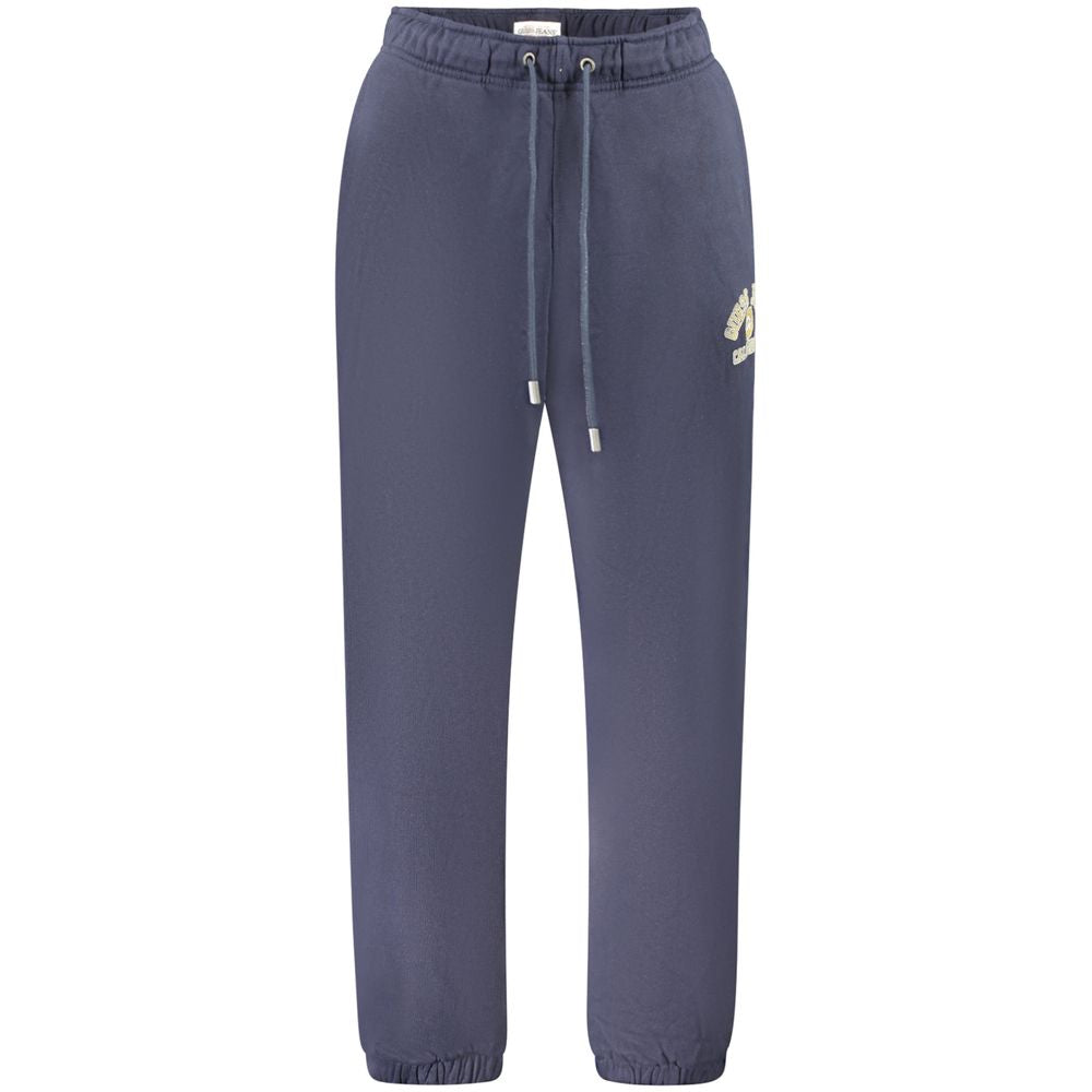 Guess Jeans Blue Cotton Pant with elastic waist, laces, 3 pockets, elastic ankle, and logo print. Perfect sports trousers.