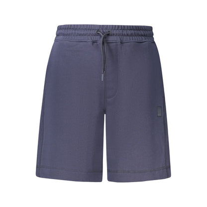 Hugo Boss Blue Cotton Pant with elastic waist and laces, featuring 3 pockets and logo detail.