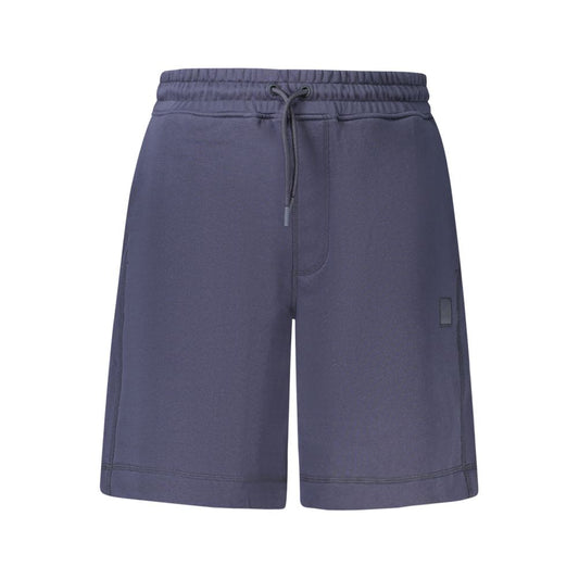 Hugo Boss Blue Cotton Pant with elastic waist and laces, featuring 3 pockets and logo detail.