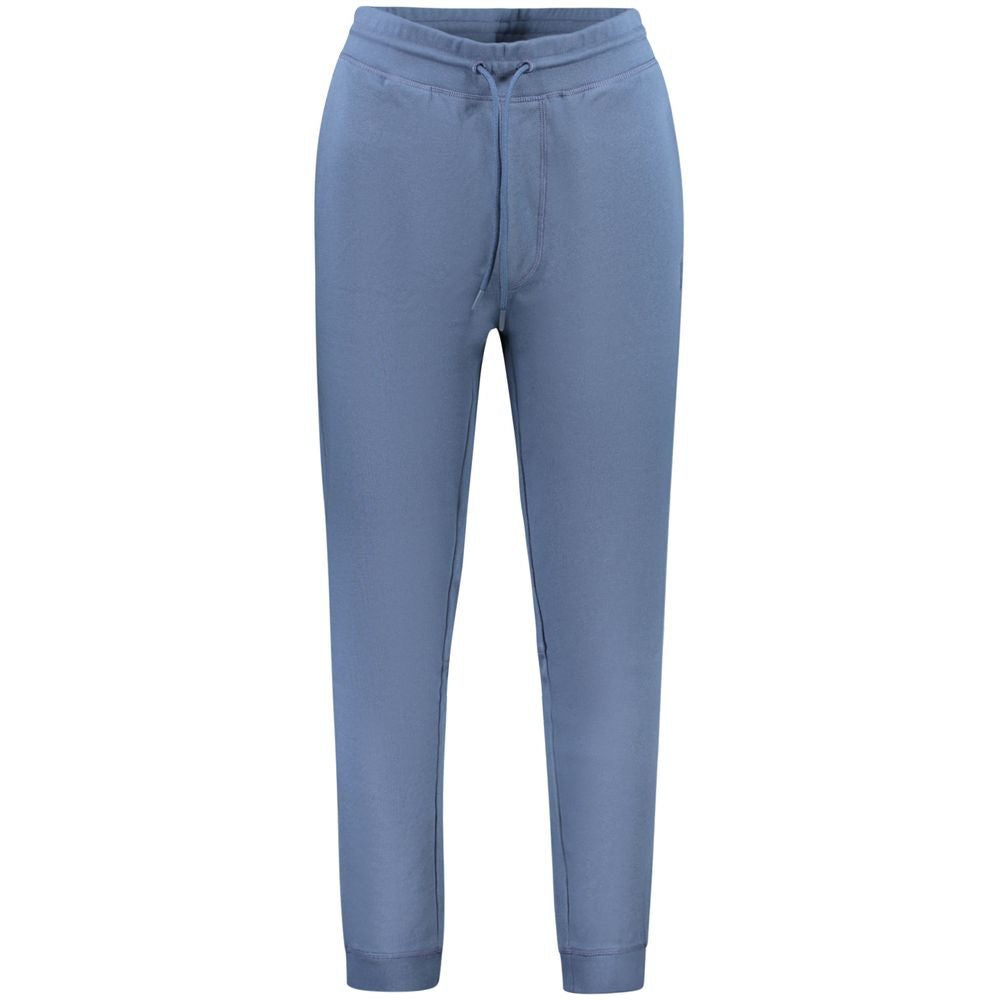 Hugo Boss Blue Cotton Pant with elastic waist, lace ties, ankle cuffs, and logo. Features 3 pockets. Stylish brushed sports trousers.