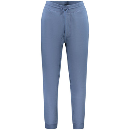 Hugo Boss Blue Cotton Pant with elastic waist, lace ties, ankle cuffs, and logo. Features 3 pockets. Stylish brushed sports trousers.