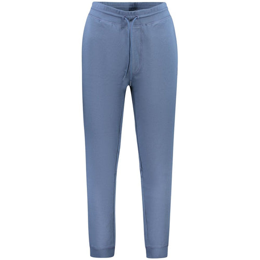 Hugo Boss Blue Cotton Pant with elastic waist, lace ties, ankle cuffs, and logo. Features 3 pockets. Stylish brushed sports trousers.