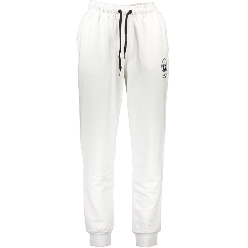 La Martina White Cotton Pant - sports trousers with elastic waist, laces, 3 pockets, embroidery, logo.