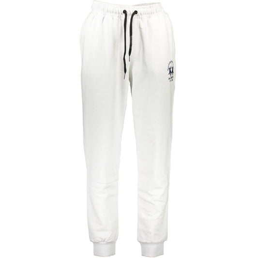 La Martina White Cotton Pant - sports trousers with elastic waist, laces, 3 pockets, embroidery, logo.