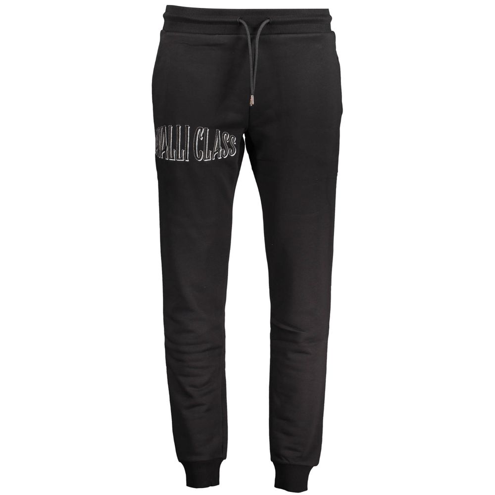 Cavalli Class Black Cotton Pant sports trousers, brushed, elastic waist with laces, 3 pockets, ankle cuff, embroidery, logo.