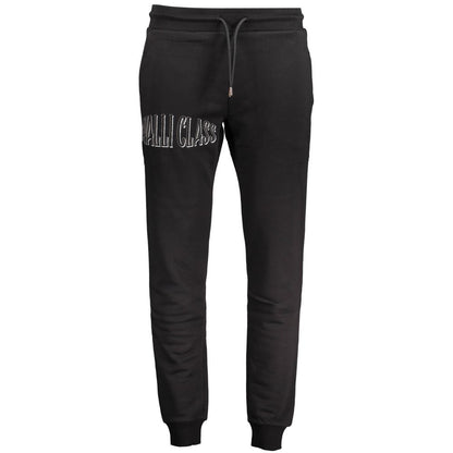 Cavalli Class Black Cotton Pant sports trousers, brushed, elastic waist with laces, 3 pockets, ankle cuff, embroidery, logo.