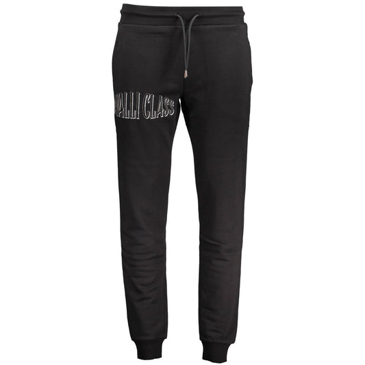 Cavalli Class Black Cotton Pant sports trousers, brushed, elastic waist with laces, 3 pockets, ankle cuff, embroidery, logo.