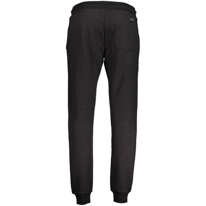 Back view of Cavalli Class Black Cotton Pant featuring sports trousers design, brushed texture, elastic waist with laces, and ankle cuffs.