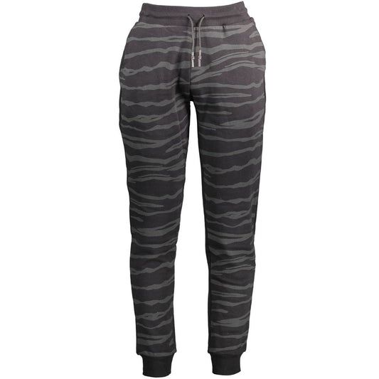 Cavalli Class Black Cotton Pant with elastic waist, laces, and contrast details. Features a printed logo and three pockets.