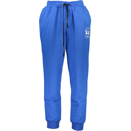 La Martina Blue Cotton Pant with elastic waist, laces, 3 pockets, embroidery, and logo. Ideal sports trousers for comfort and style.