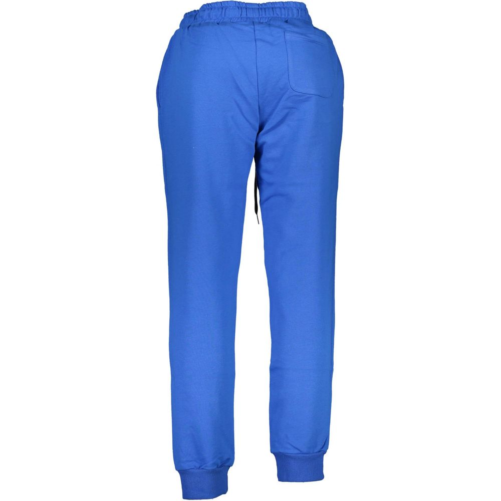 La Martina Blue Cotton Pant sports trousers with elastic waist, laces, 3 pockets, and logo embroidery, rear view.