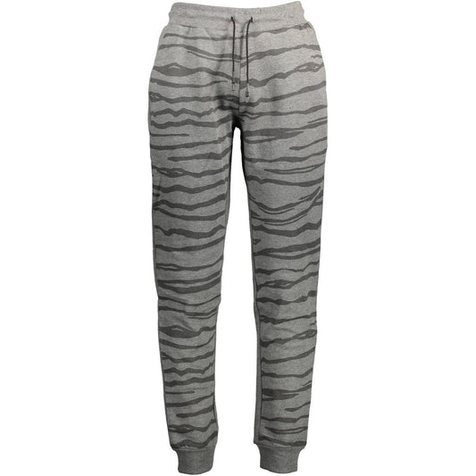 Cavalli Class Gray Cotton Pant with elastic waist, laces, 3 pockets, contrasting details, print, and logo.