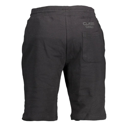Cavalli Class Black Cotton Pant, sports shorts with elastic waist, laces, 3 pockets, contrasting details, print logo.
