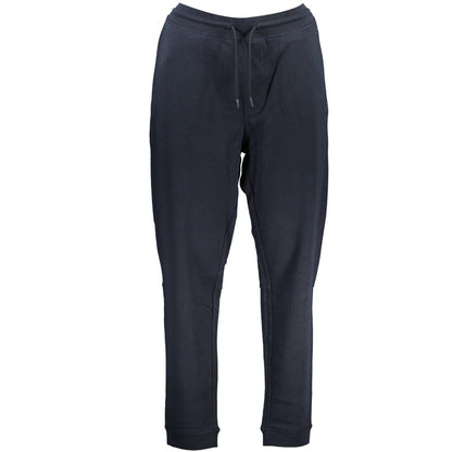 Hugo Boss Blue Cotton Pant with brushed fabric, elastic waist, 3 pockets, ankle cuffs, and logo application for sports.