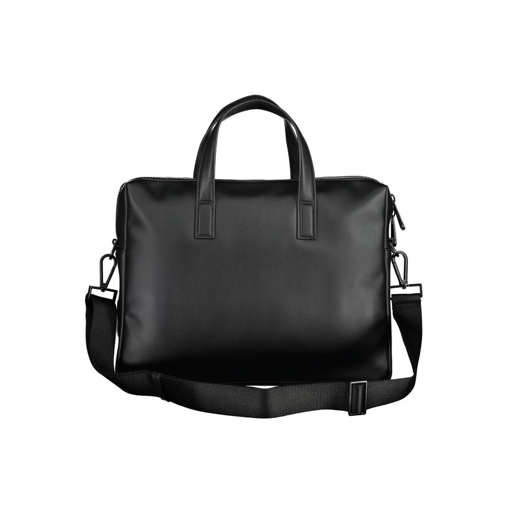 Calvin Klein Black Polyester Accessory briefcase with handles and adjustable shoulder strap, featuring a laptop compartment and zip closure.