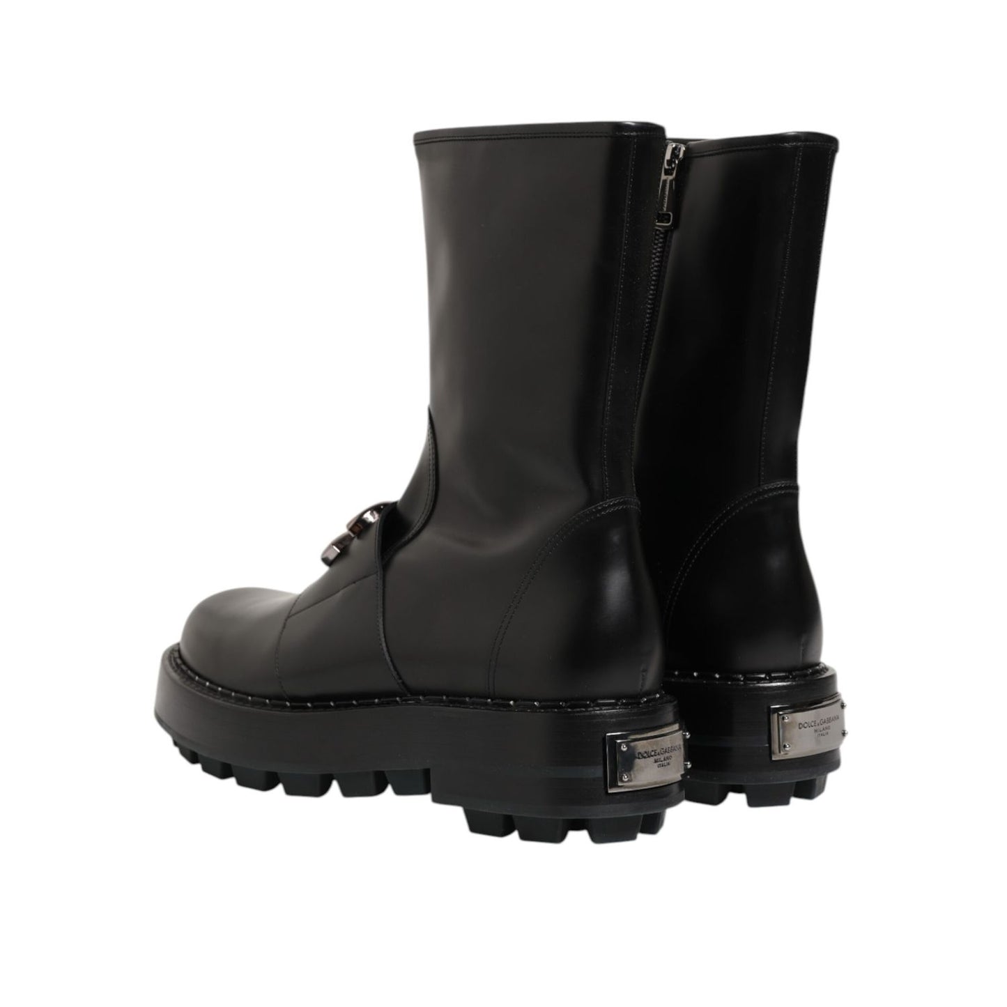 Dolce & Gabbana Black Logo Plaque Mid Calf Biker Boots Shoes