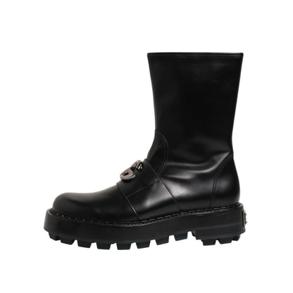 Dolce & Gabbana Black Logo Plaque Mid Calf Biker Boots Shoes