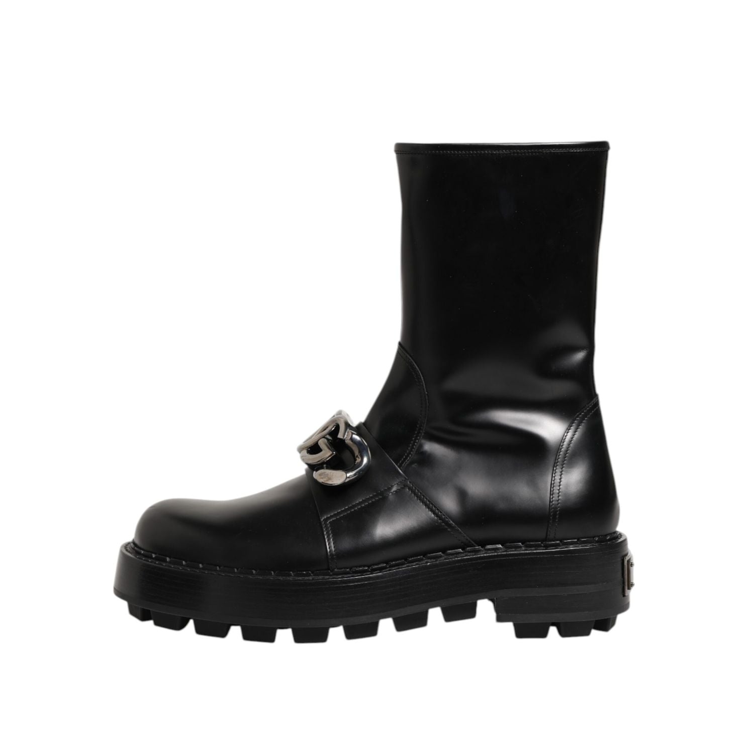 Dolce & Gabbana Black Logo Plaque Mid Calf Biker Boots Shoes