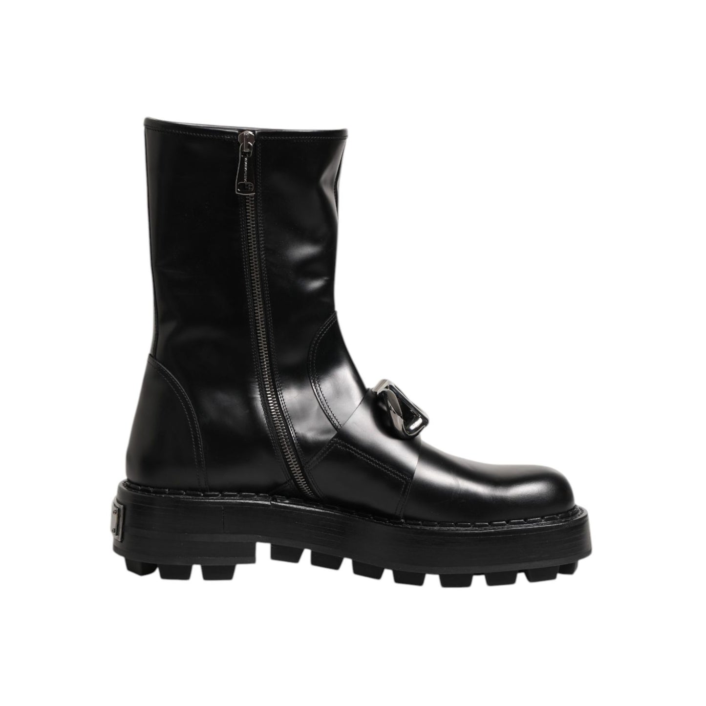 Dolce & Gabbana Black Logo Plaque Mid Calf Biker Boots Shoes