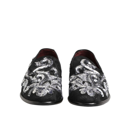 Dolce & Gabbana Black Silver Sequined Loafers Men Dress Shoes with elegant sequin design for a stylish, standout look at events.