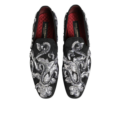 Dolce & Gabbana Black Silver Sequined Loafers Men Dress Shoes with intricate sequin pattern
