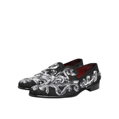 Dolce & Gabbana Black Silver Sequined Loafers Men Dress Shoes, elegant and luxurious footwear with intricate sequin details.