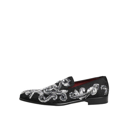 Dolce & Gabbana Black Silver Sequined Loafers Men Dress Shoes with intricate design, perfect for standout elegance at special events.