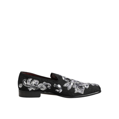 Dolce & Gabbana Black Silver Sequined Loafers Men Dress Shoes, perfect for stylish occasions and high-fashion elegance.