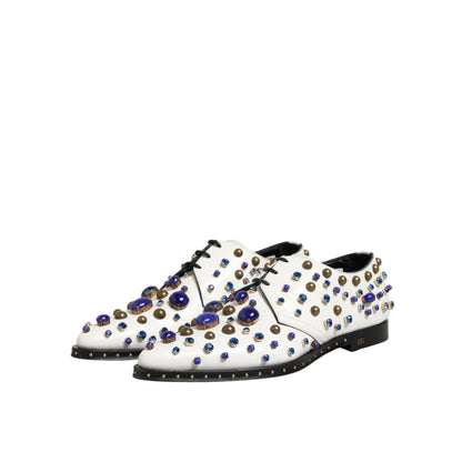 Dolce & Gabbana White Leather Crystals Embellished Dress Shoes with multicolor crystal details, perfect for formal events and stylish occasions.
