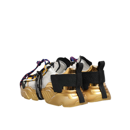 Dolce & Gabbana Multicolor Daymaster Low Top Sneakers Shoes with gold accents, chunky low-top silhouette, white leather.