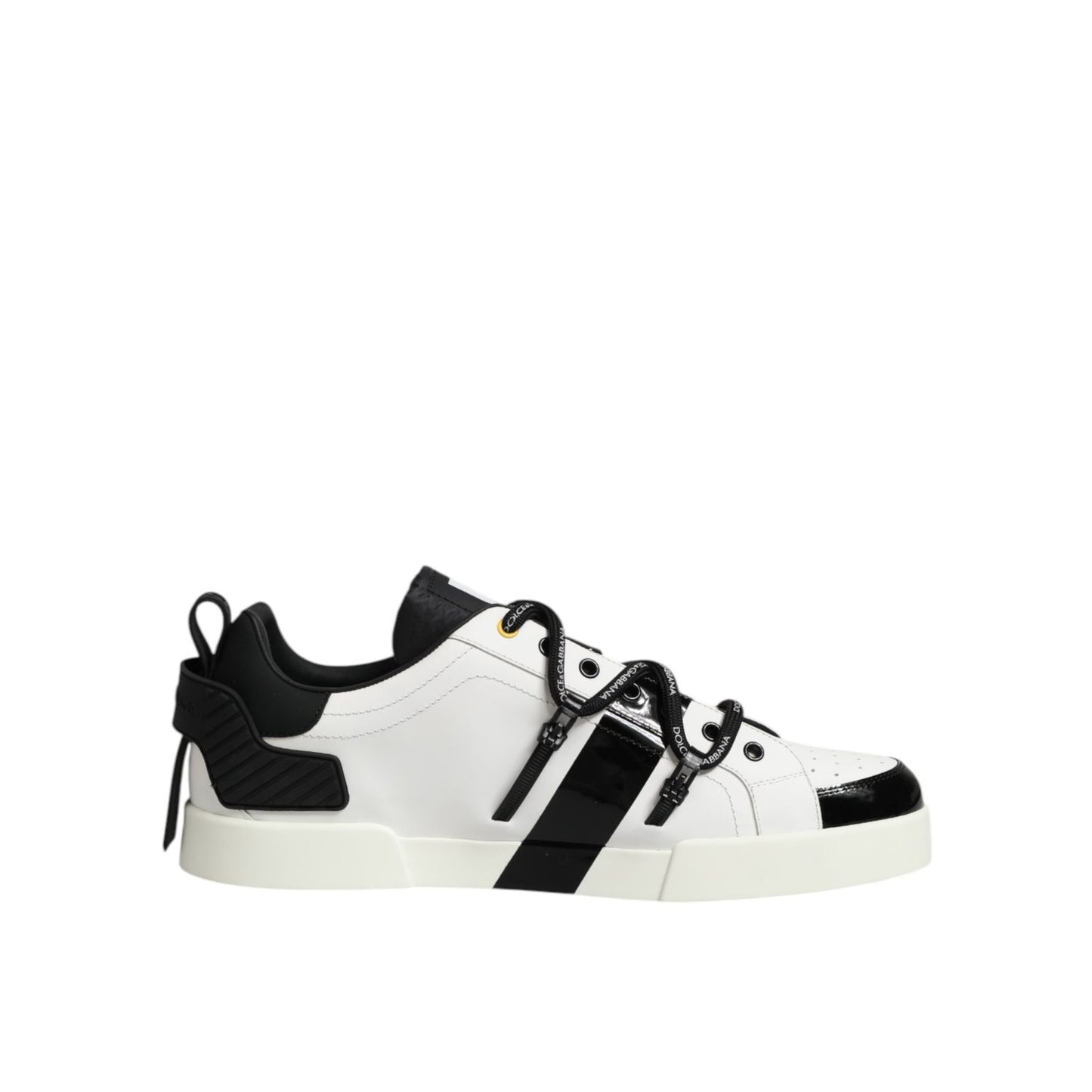 Dolce & Gabbana White Leather Logo Portofino Sneakers Shoes with black accents and lace-up closure on a clean silhouette.