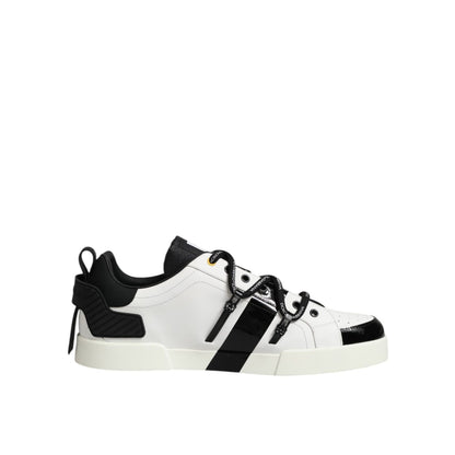 Dolce & Gabbana White Leather Logo Portofino Sneakers Shoes with black accents and lace-up closure on a clean silhouette.
