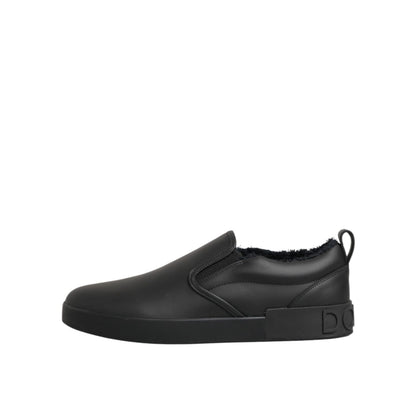 Dolce & Gabbana Black Leather Low Top Slip On Sneakers Shoes