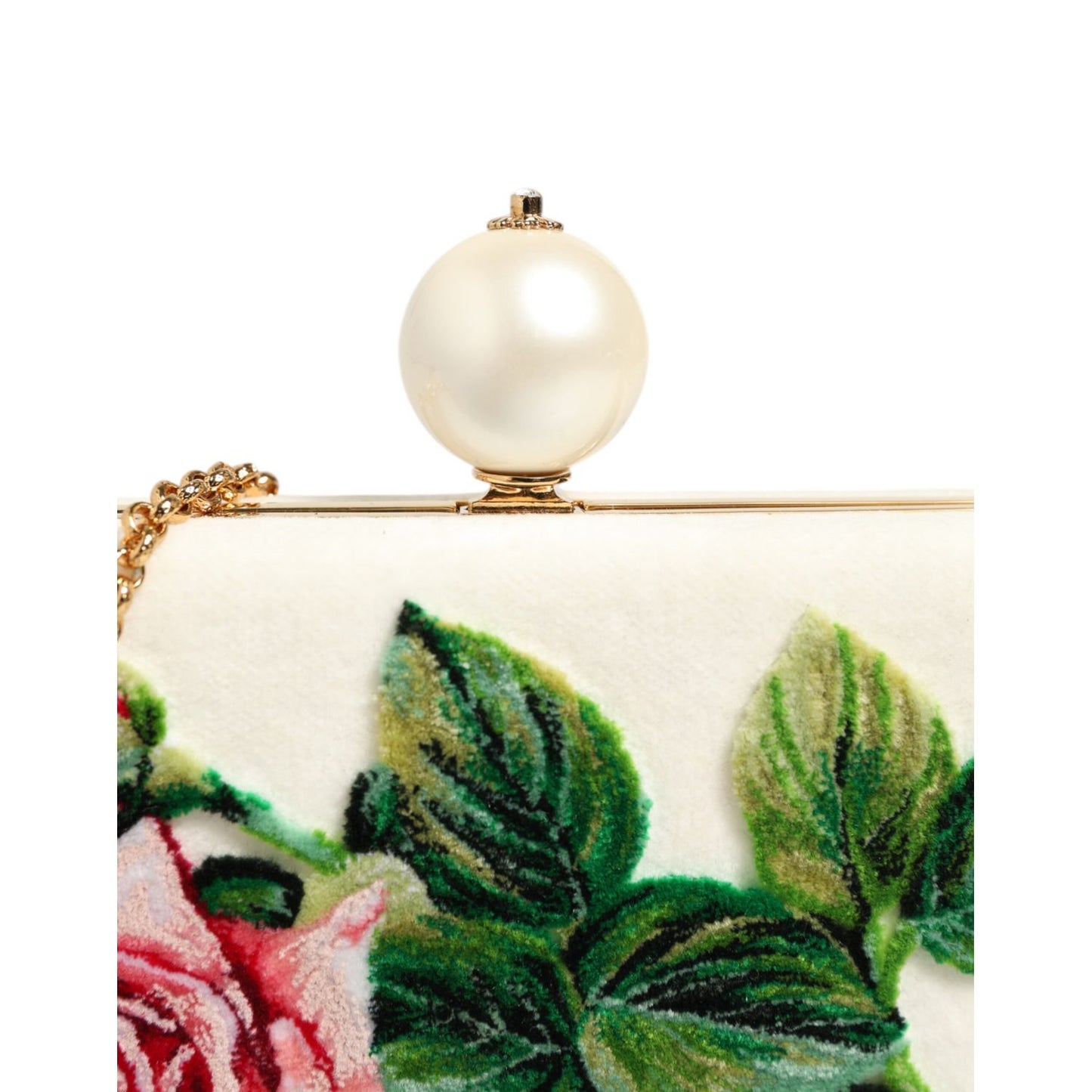 Dolce & Gabbana White Rose Embroidery Silk Gold Frame Clutch Purse Bag