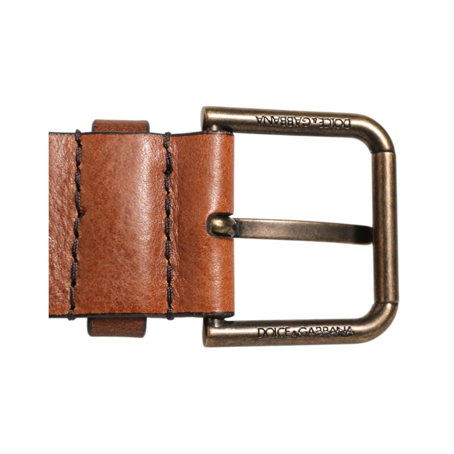 Dolce & Gabbana Brown Classic Gold Metal Logo Buckle Men Belt featuring high-quality brown leather and gold-tone metal buckle close-up view