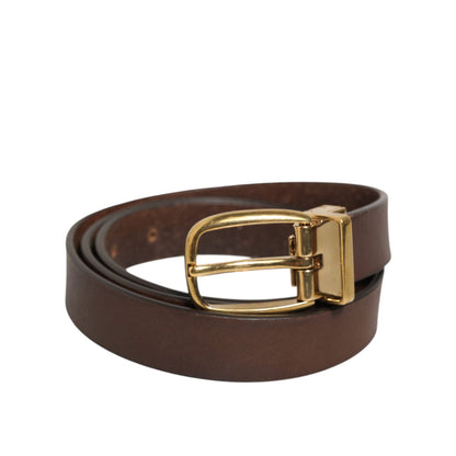 Dolce & Gabbana Brown Classic Gold Metal Logo Buckle Men Belt, high-quality calf leather, luxury Italian men’s accessory.