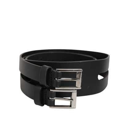 Dolce & Gabbana Black Double Strap Leather Silver Buckle Belt with polished calfskin and premium design craftsmanship.