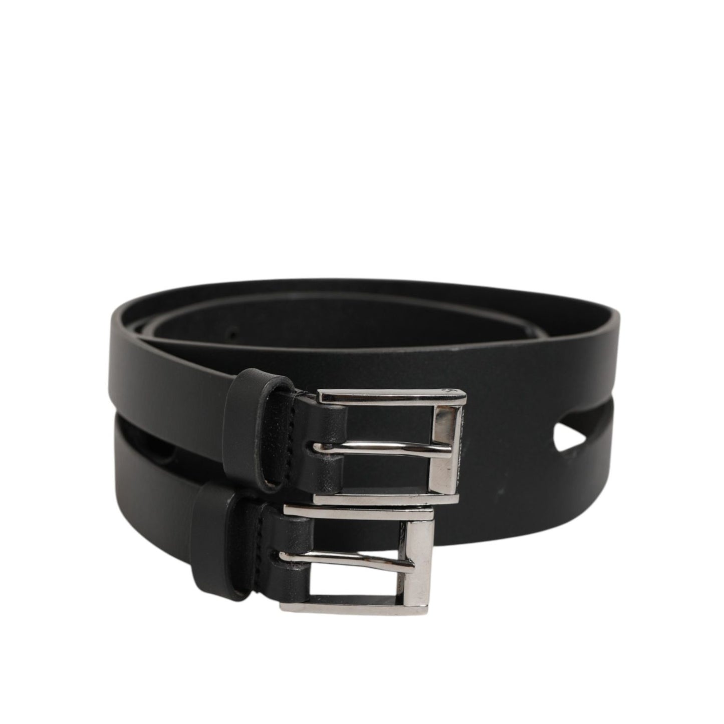 Dolce & Gabbana Black Double Strap Leather Silver Buckle Belt with sleek design and premium craftsmanship.