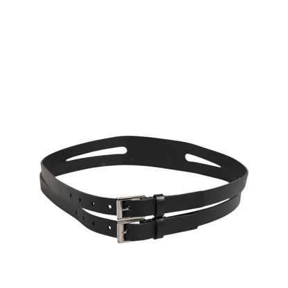 Dolce & Gabbana Black Double Strap Leather Silver Buckle Belt on white background