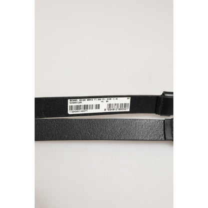 Dolce & Gabbana Black Double Strap Leather Silver Buckle Belt showing label and barcode detail.