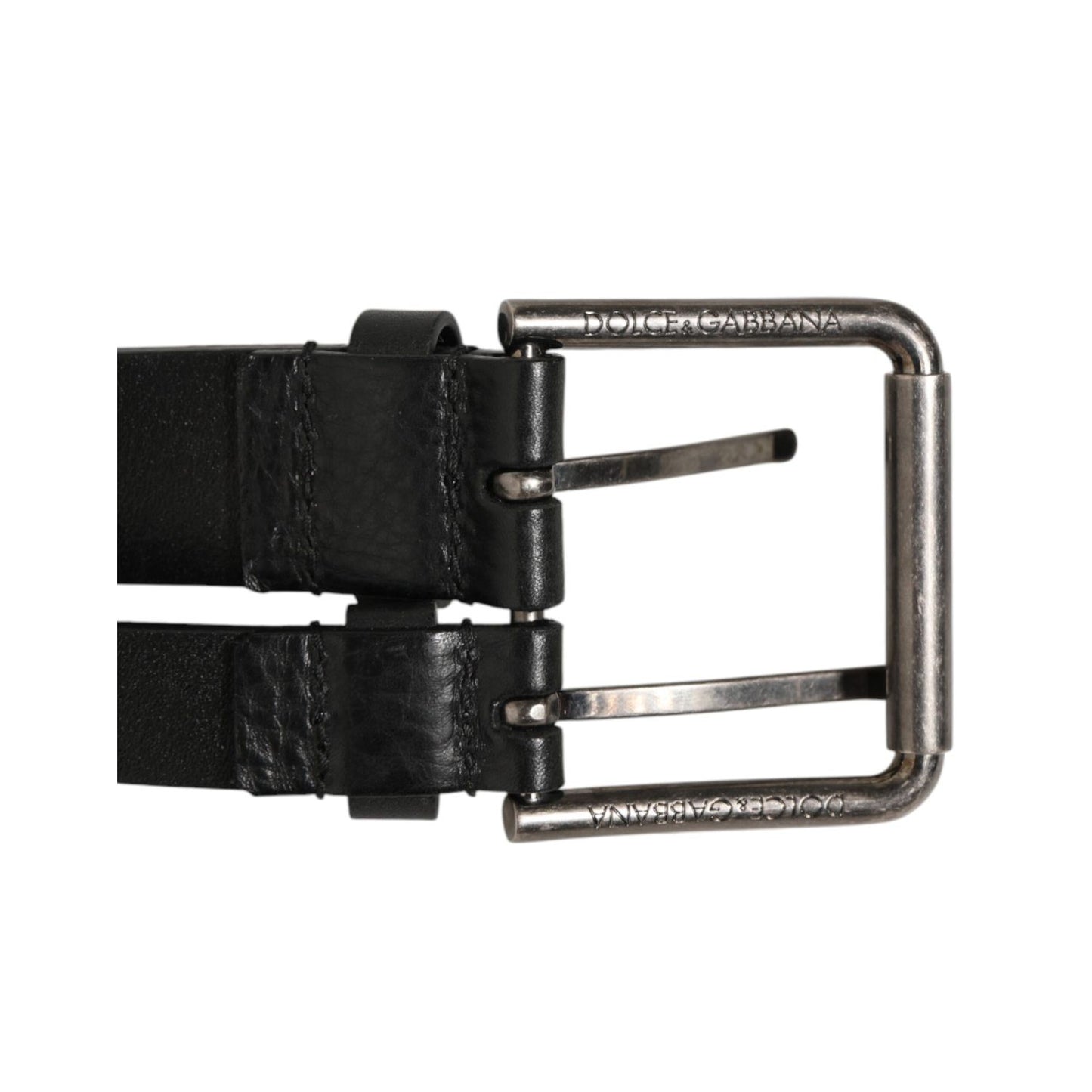 Dolce & Gabbana Black Double Strap Leather Silver Buckle Belt, luxury Italian craftsmanship, premium black calfskin leather belt.