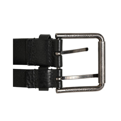 Dolce & Gabbana Black Double Strap Leather Silver Buckle Belt, luxury Italian craftsmanship, premium black calfskin leather belt.